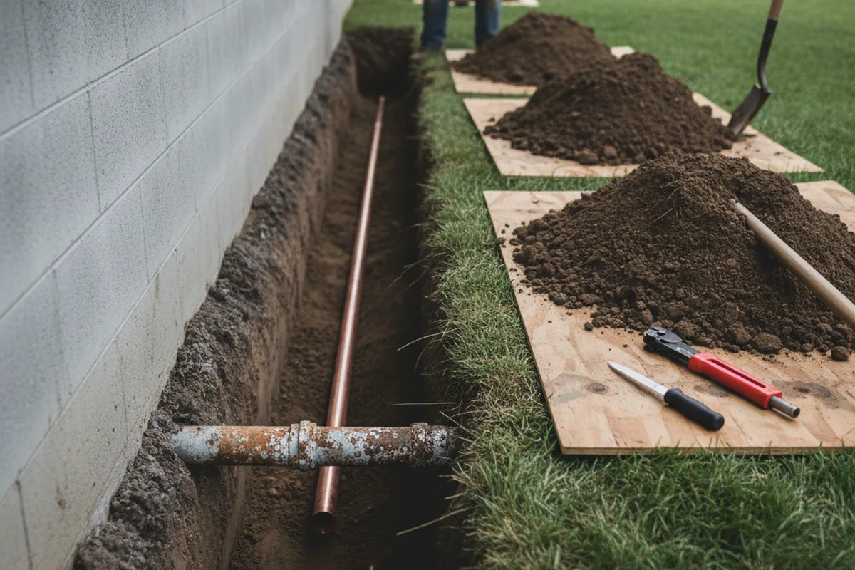 Excavated water line trench during Sewer Line Repair in Flower Mound